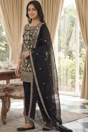 Women Floral Embroidered Panelled Sequinned Kurta with Trousers & With Dupatta