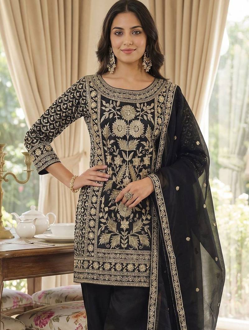Women Floral Embroidered Panelled Sequinned Kurta with Trousers & With Dupatta