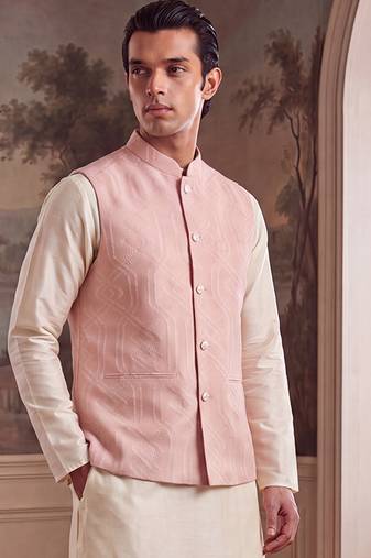 Mens pink jacquard woven design mandarin collar koti