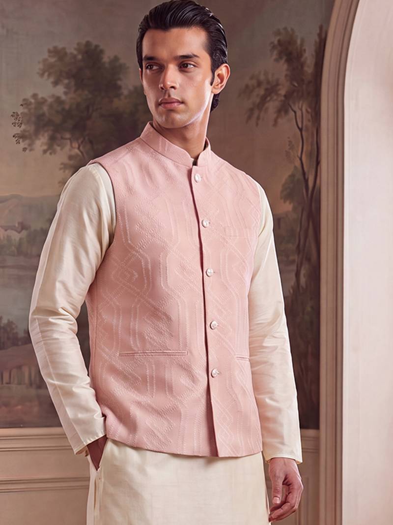 Mens pink jacquard woven design mandarin collar koti