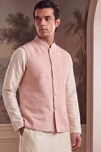 Mens pink jacquard woven design mandarin collar koti