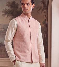 Mens pink jacquard woven design mandarin collar koti
