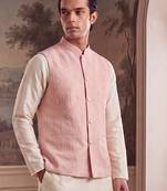 Mens pink jacquard woven design mandarin collar koti