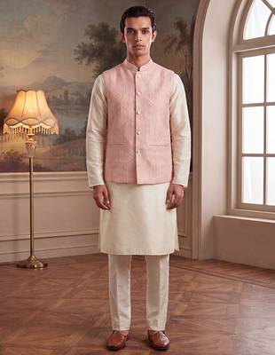 Mens pink jacquard woven design mandarin collar koti 1