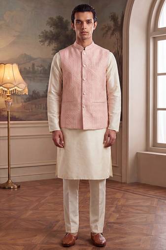 Mens pink jacquard woven design mandarin collar koti