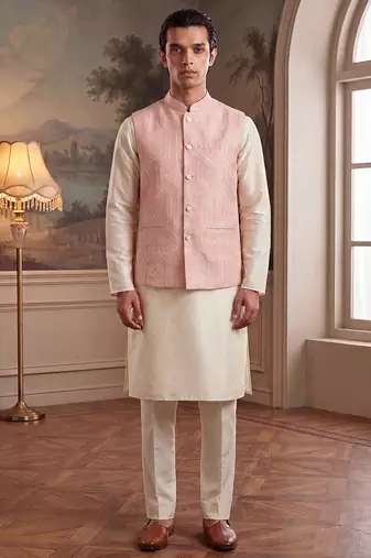 Mens pink jacquard woven design mandarin collar koti