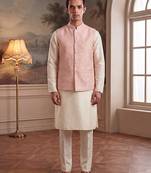 Mens pink jacquard woven design mandarin collar koti