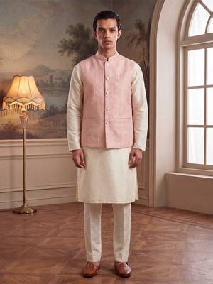 Mens pink jacquard woven design mandarin collar koti 2