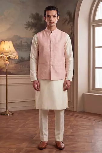 Mens pink jacquard woven design mandarin collar koti