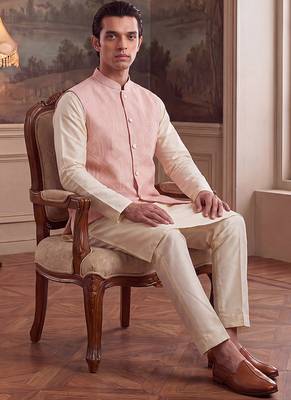 Mens pink jacquard woven design mandarin collar koti 2