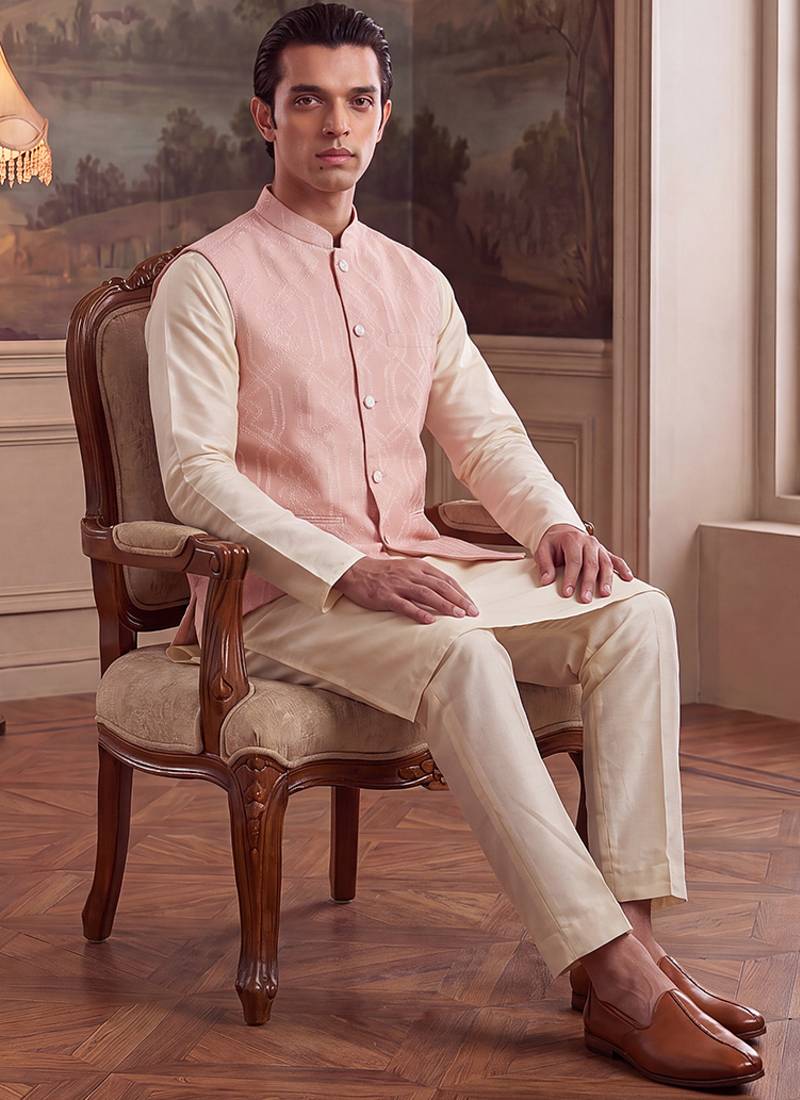 Mens pink jacquard woven design mandarin collar koti