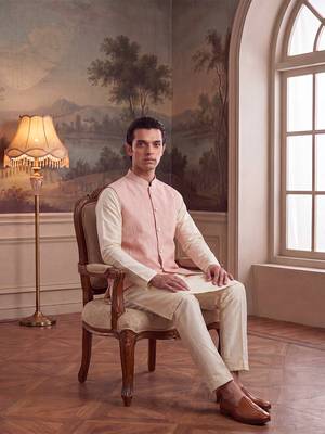Mens pink jacquard woven design mandarin collar koti 3
