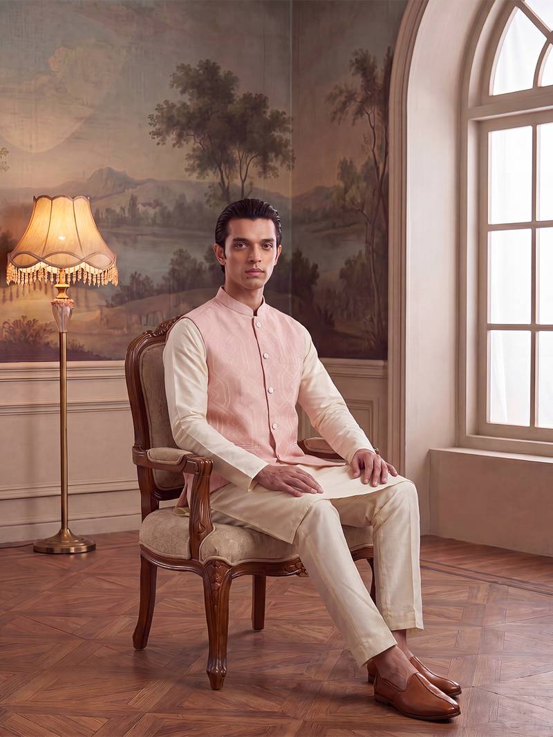 Mens pink jacquard woven design mandarin collar koti