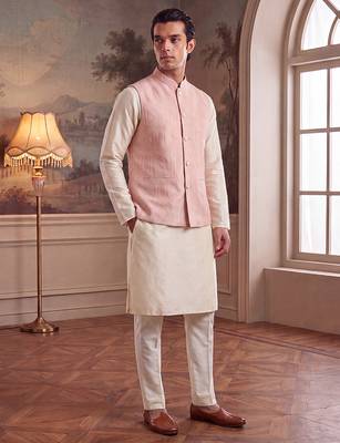 Mens pink jacquard woven design mandarin collar koti 3
