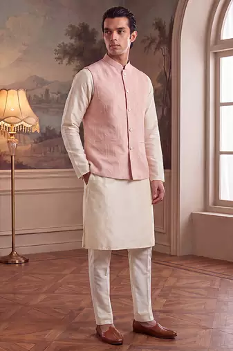Mens pink jacquard woven design mandarin collar koti
