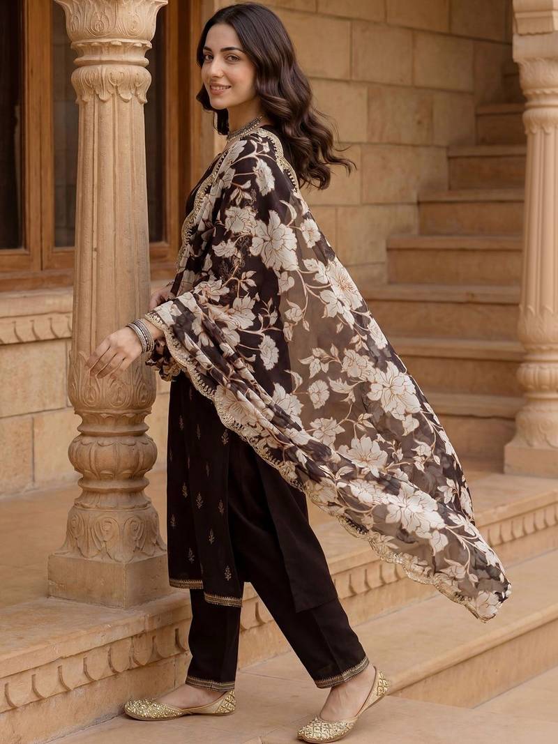 Women Ethnic Motifs Embroidered Regular Kurta with Palazzos & With Dupatta