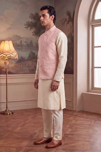 Mens pink jacquard woven design mandarin collar koti
