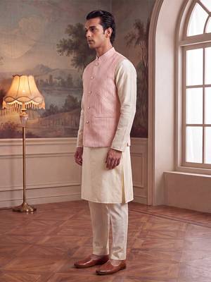 Mens pink jacquard woven design mandarin collar koti 4