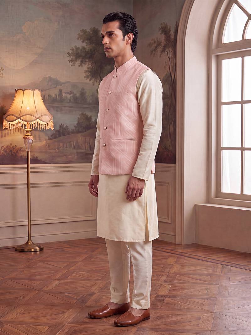 Mens pink jacquard woven design mandarin collar koti