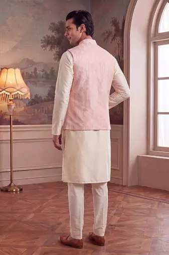 Mens pink jacquard woven design mandarin collar koti