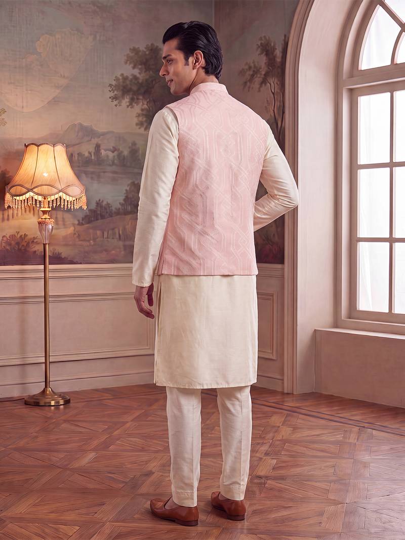 Mens pink jacquard woven design mandarin collar koti