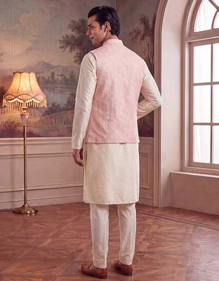 Mens pink jacquard woven design mandarin collar koti 5