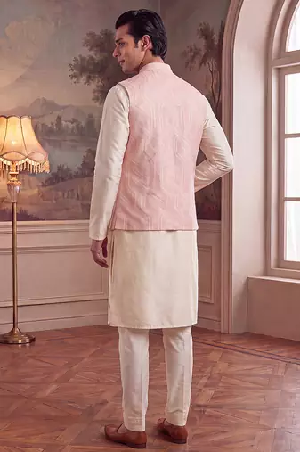 Mens pink jacquard woven design mandarin collar koti