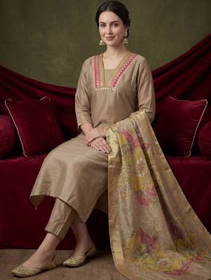 Women Ethnic Motifs Embroidered Regular Raw Silk Kurta with Trousers & With Dupatta 1