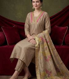 Women Ethnic Motifs Embroidered Regular Raw Silk Kurta with Trousers & With Dupatta