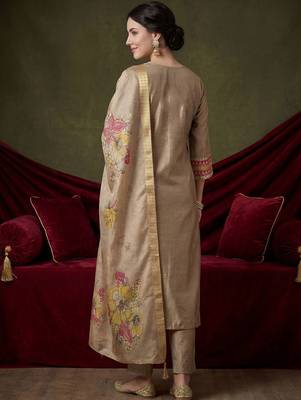 Women Ethnic Motifs Embroidered Regular Raw Silk Kurta with Trousers & With Dupatta 4