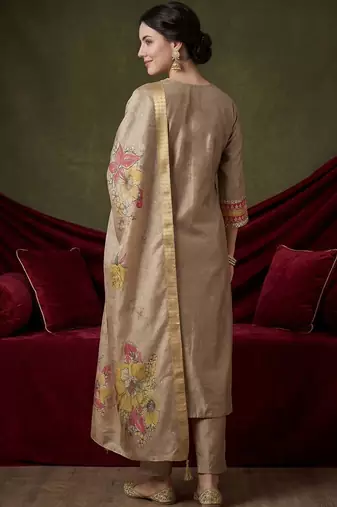 Women Ethnic Motifs Embroidered Regular Raw Silk Kurta with Trousers & With Dupatta