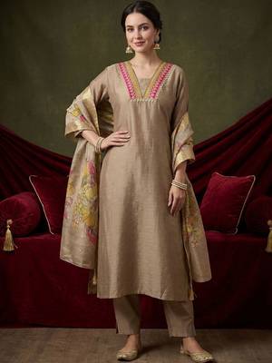 Women Ethnic Motifs Embroidered Regular Raw Silk Kurta with Trousers & With Dupatta 5