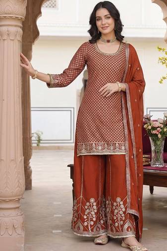Women Ethnic Motifs Embroidered Regular Sequinned Kurta with Palazzos & With Dupatta