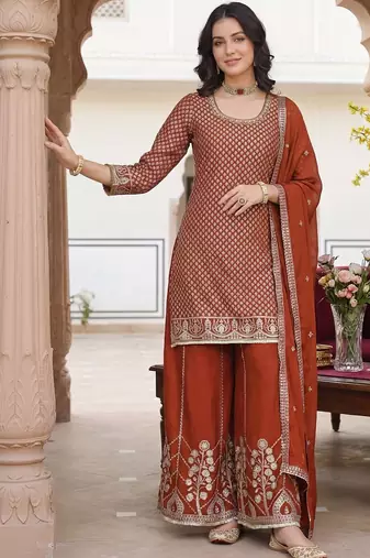 Women Ethnic Motifs Embroidered Regular Sequinned Kurta with Palazzos & With Dupatta
