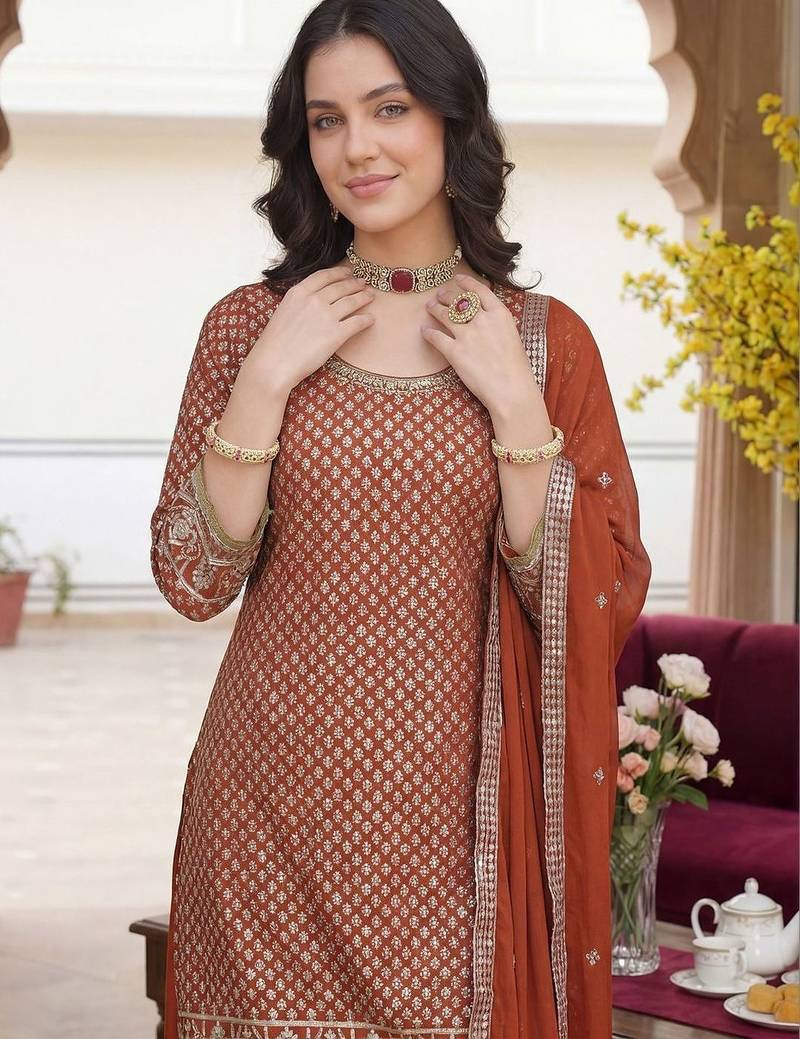 Women Ethnic Motifs Embroidered Regular Sequinned Kurta with Palazzos & With Dupatta