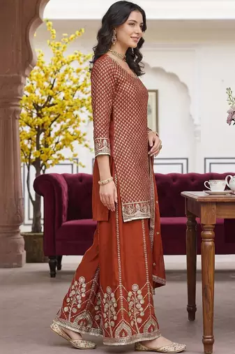 Women Ethnic Motifs Embroidered Regular Sequinned Kurta with Palazzos & With Dupatta
