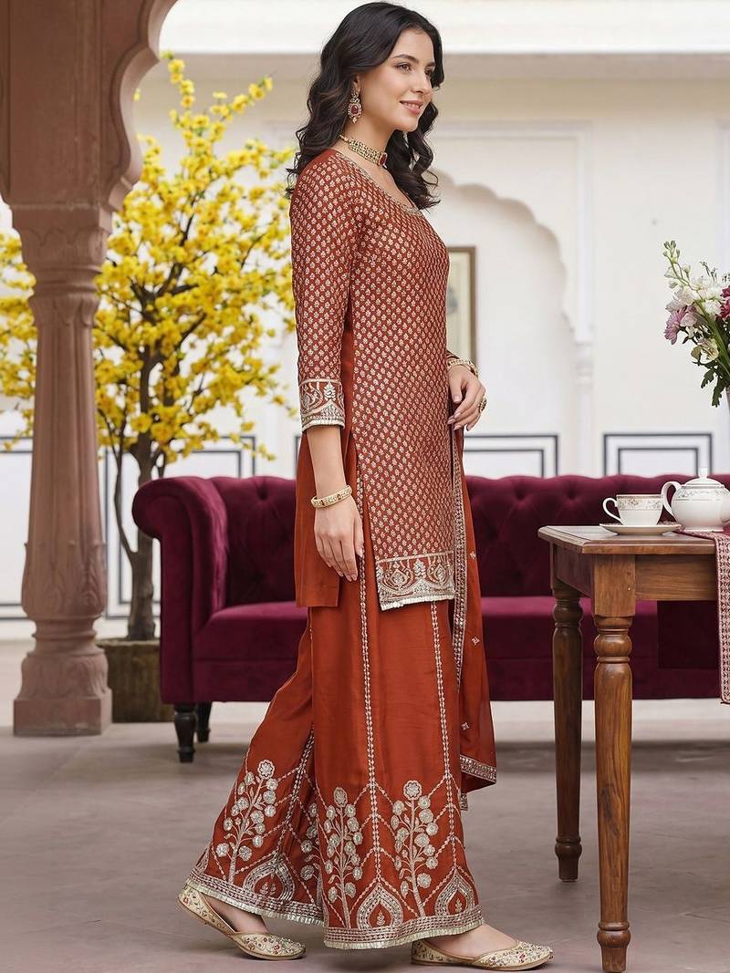 Women Ethnic Motifs Embroidered Regular Sequinned Kurta with Palazzos & With Dupatta