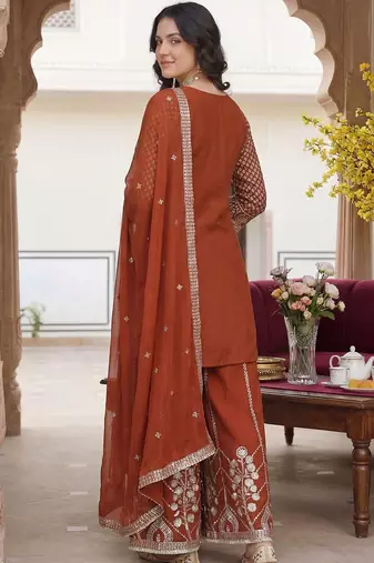 Women Ethnic Motifs Embroidered Regular Sequinned Kurta with Palazzos & With Dupatta