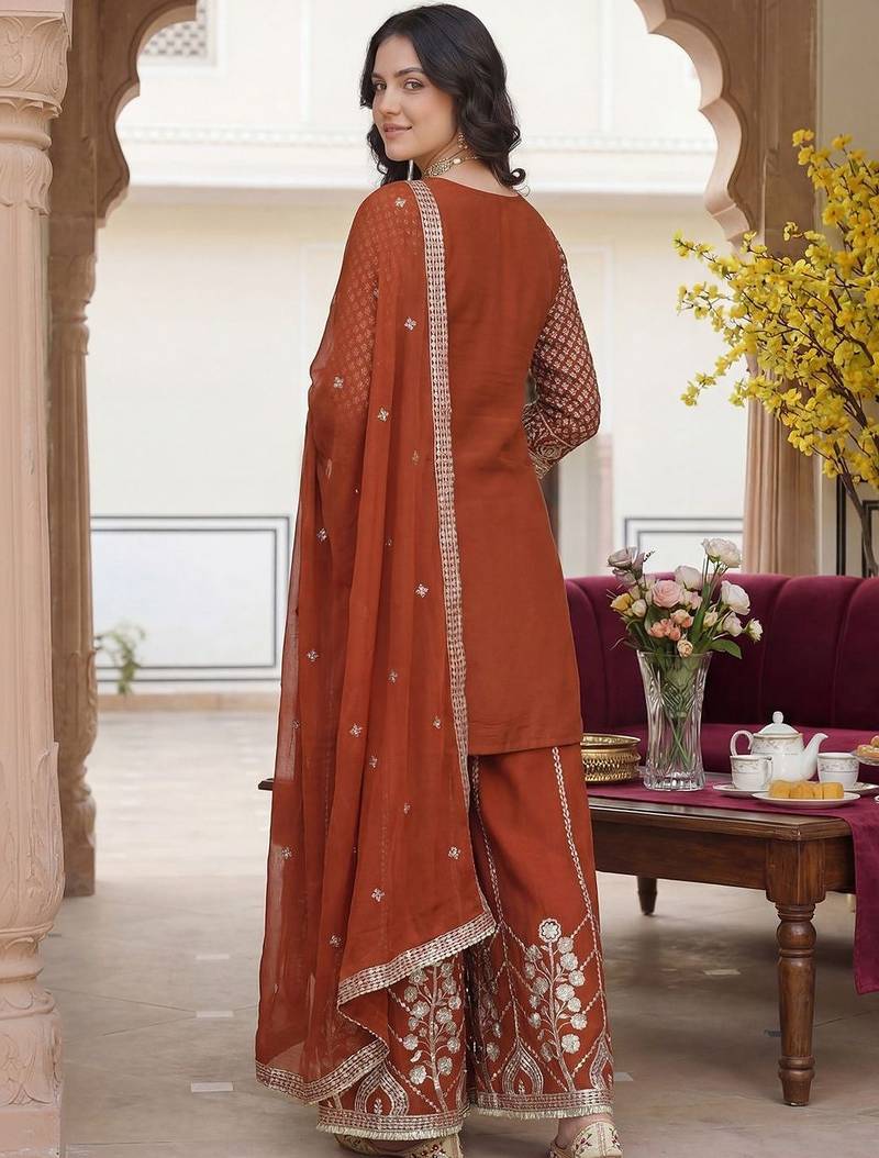Women Ethnic Motifs Embroidered Regular Sequinned Kurta with Palazzos & With Dupatta