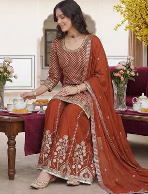 Women Ethnic Motifs Embroidered Regular Sequinned Kurta with Palazzos & With Dupatta 5