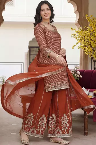 Women Ethnic Motifs Embroidered Regular Sequinned Kurta with Palazzos & With Dupatta
