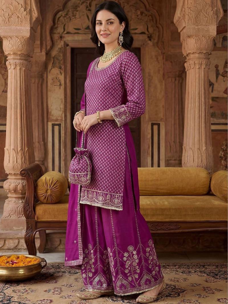 Women Ethnic Motifs Embroidered Regular Sequinned Kurta with Palazzos & With Dupatta