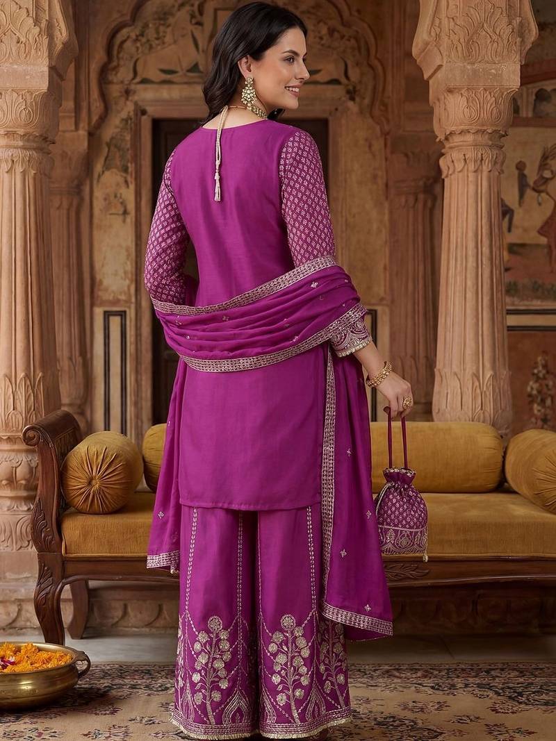 Women Ethnic Motifs Embroidered Regular Sequinned Kurta with Palazzos & With Dupatta