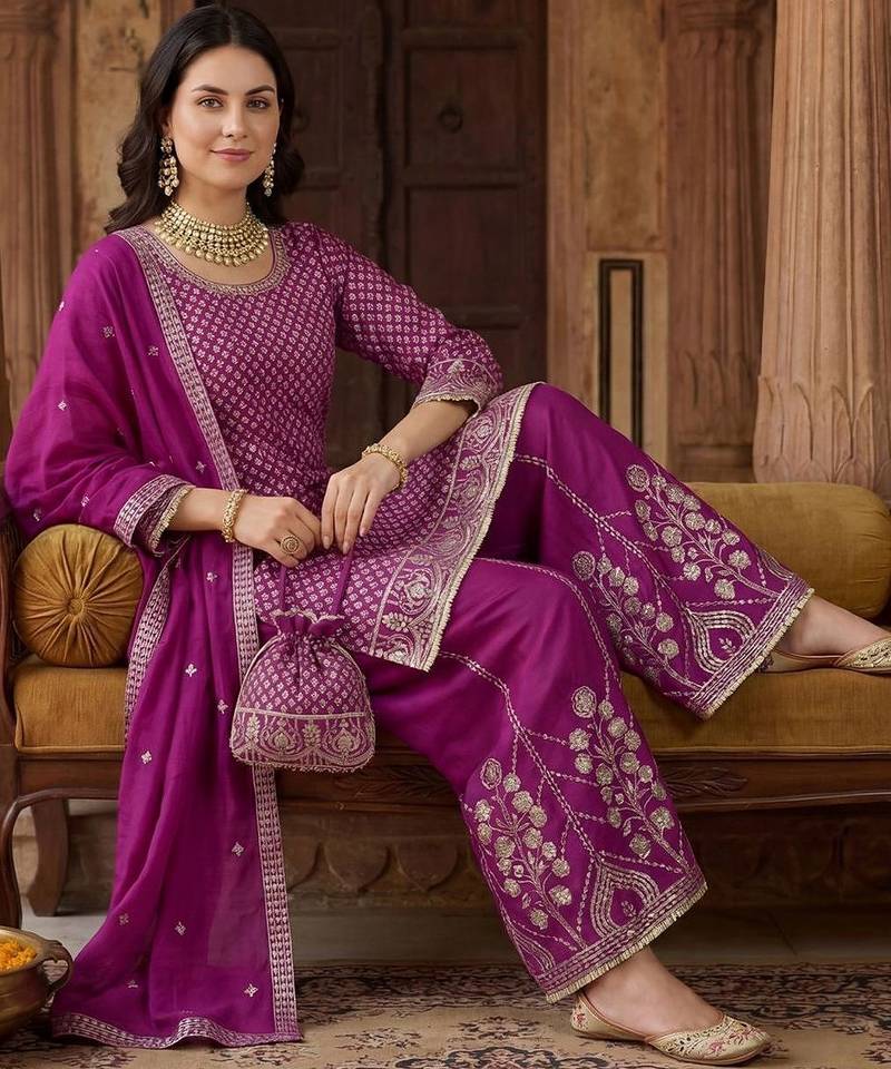 Women Ethnic Motifs Embroidered Regular Sequinned Kurta with Palazzos & With Dupatta