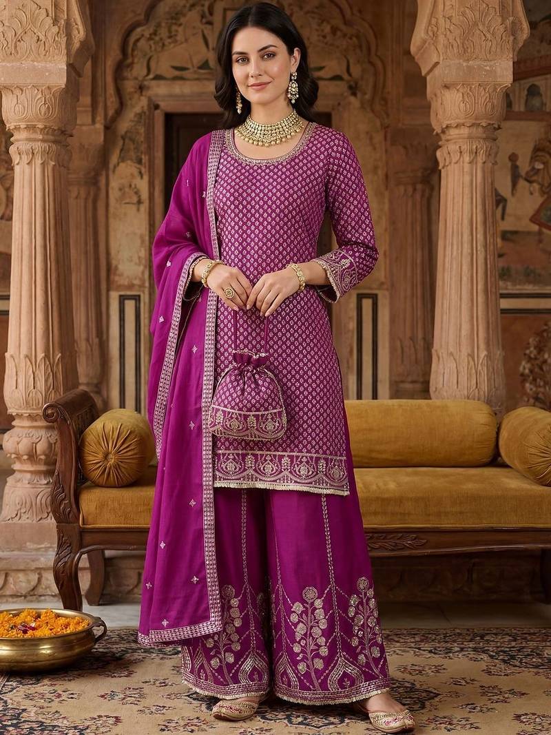 Women Ethnic Motifs Embroidered Regular Sequinned Kurta with Palazzos & With Dupatta