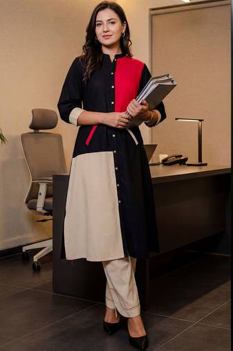 Women Regular Thread Work Pure Cotton Kurta with Trousers