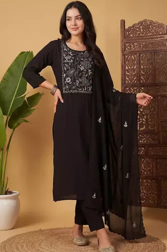 Women Floral Embroidered Regular Thread Work Kurta with Trousers & With Dupatta