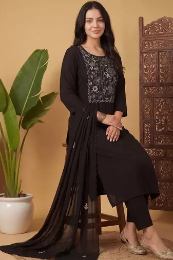 Women Floral Embroidered Regular Thread Work Kurta with Trousers & With Dupatta
