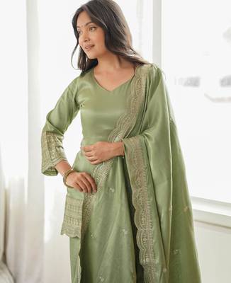 Women's Gorgeous Embroidery Work Roman Silk Fabric Straight Kurta Shalwar and Dupatta Set 2