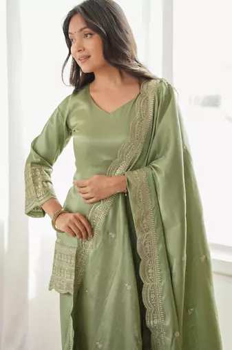 Women's Gorgeous Embroidery Work Roman Silk Fabric Straight Kurta Shalwar and Dupatta Set